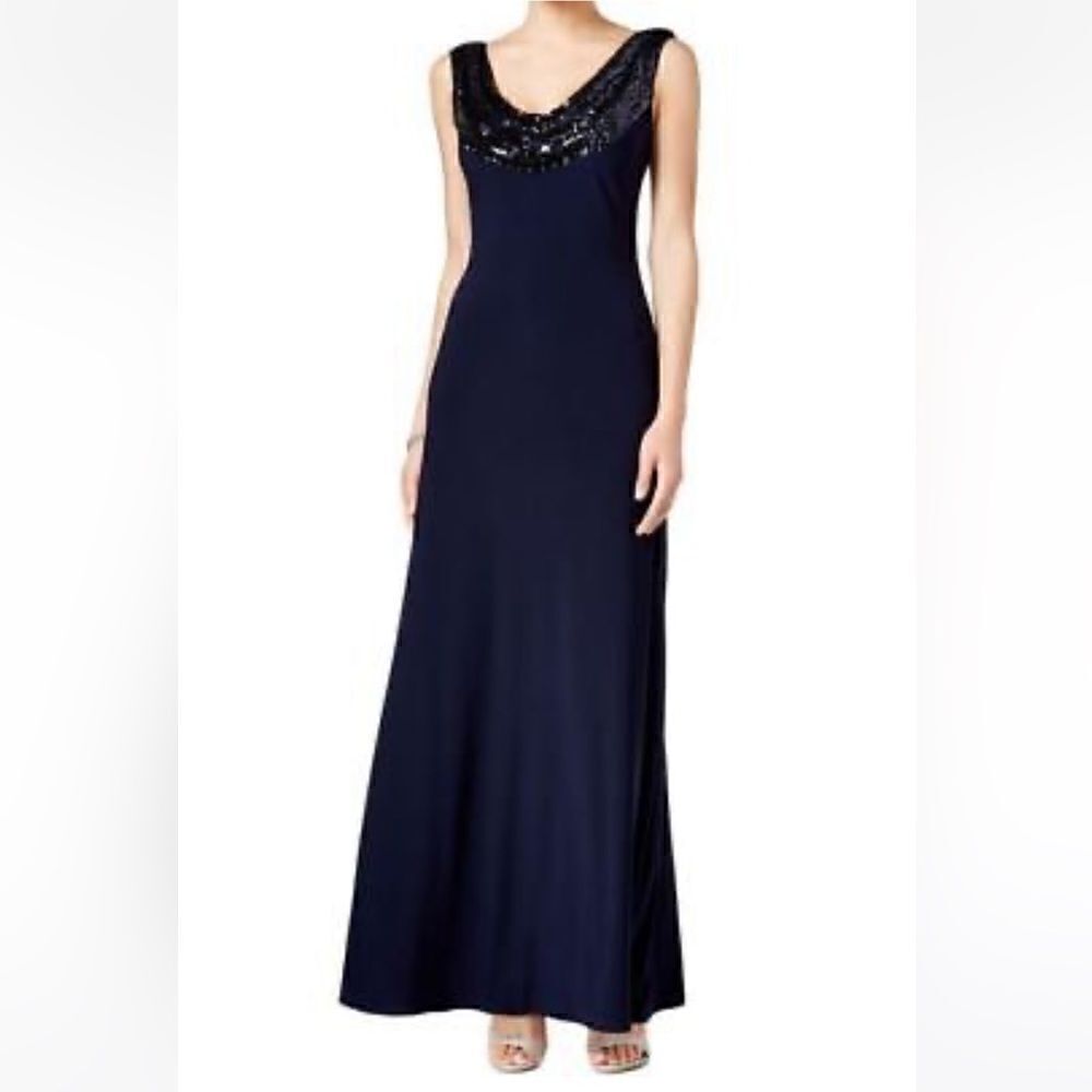 NWT Betsy & Adam navy sequin cowl neck fit and flare gown